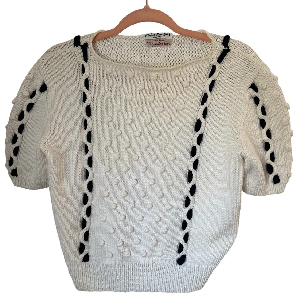 Vintage Hand Knit French Girl Preppy Coastal Short Sleeve Sweater With Pom Poms - Picture 4 of 12